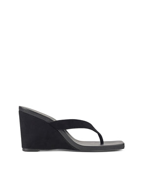 Women's black suede thong wedges with square toe