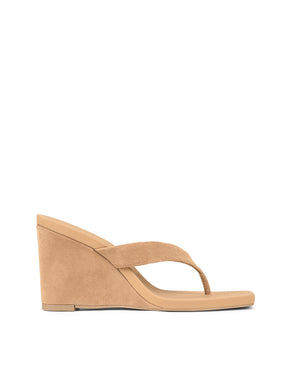 Women's camel tan suede thong wedges with square toe