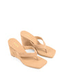 Women's camel tan suede thong wedges with square toe