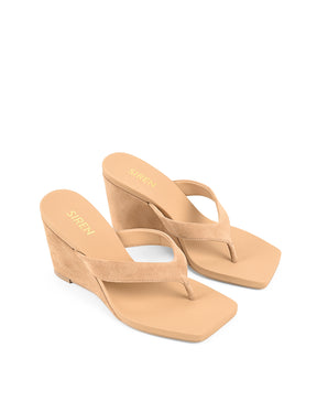 Women's camel tan suede thong wedges with square toe