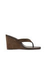 Women's chocolate brown suede thong wedges with square toe