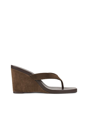 Women's chocolate brown suede thong wedges with square toe