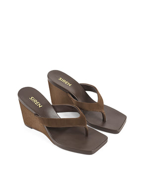 Women's chocolate brown suede thong wedges with square toe