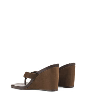 Women's chocolate brown suede thong wedges with square toe