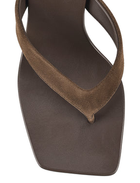 Women's chocolate brown suede thong wedges with square toe