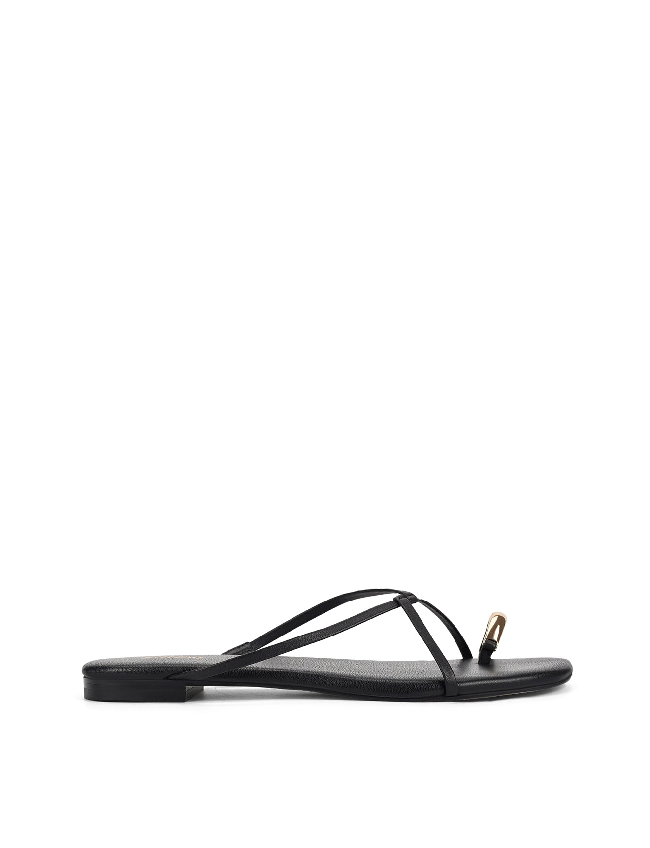 Women's black leather strappy flats with gold toe ring