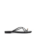 Women's black leather strappy flats with gold toe ring