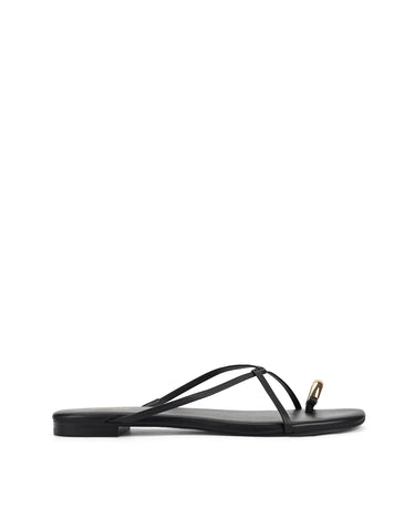 Women's black leather strappy flats with gold toe ring