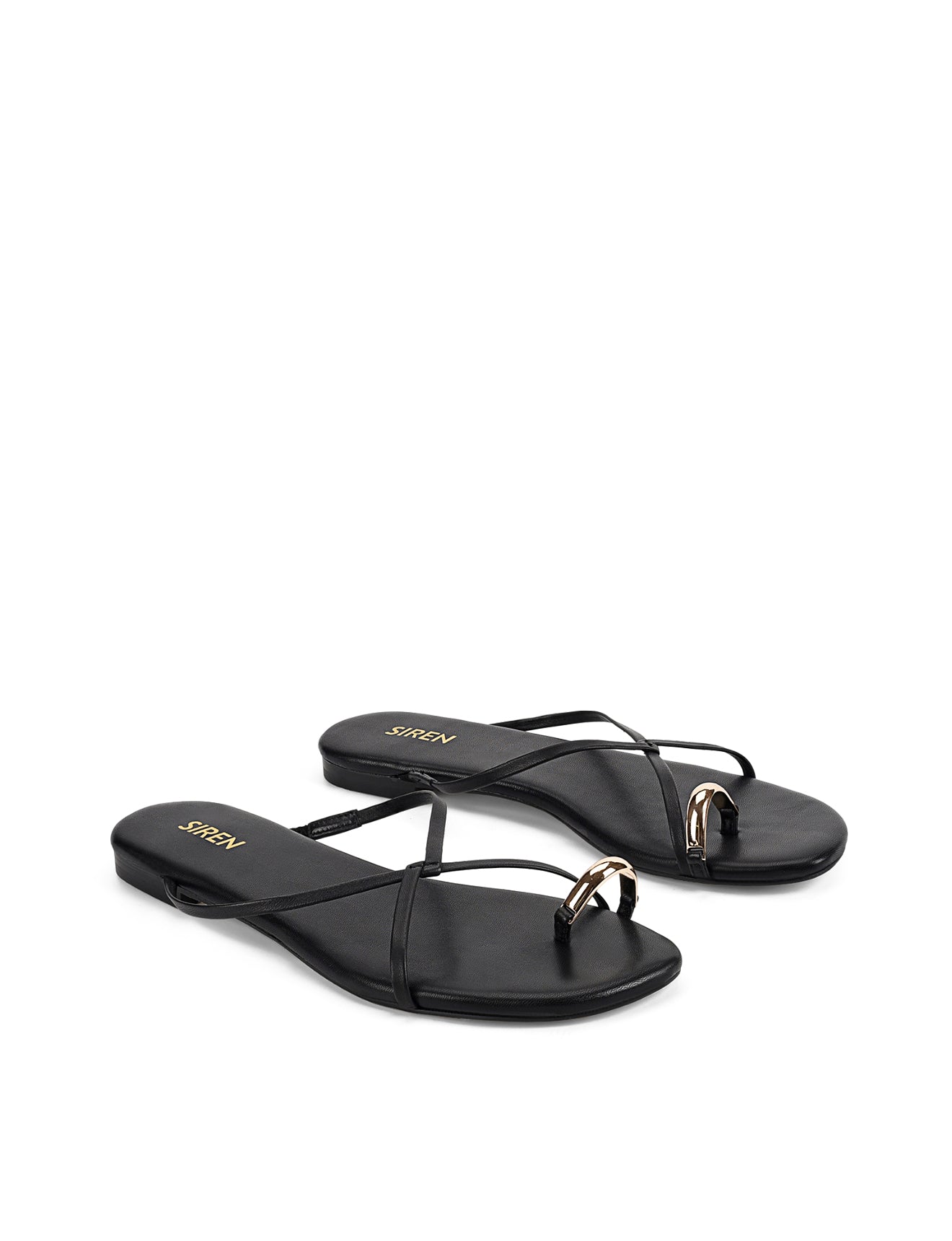 Women's black leather strappy flats with gold toe ring