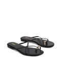 Women's black leather strappy flats with gold toe ring