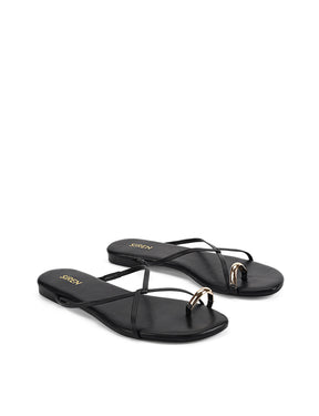 Women's black leather strappy flats with gold toe ring