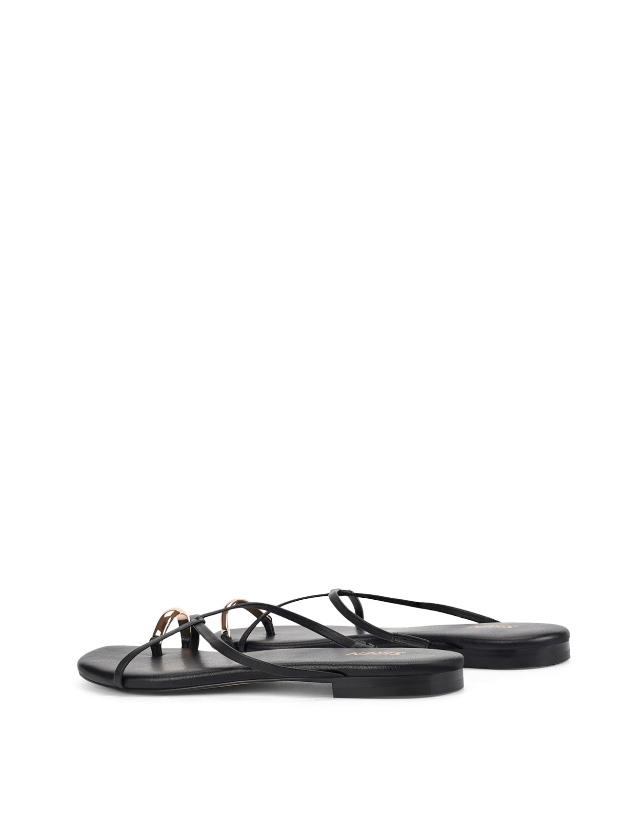 Women's black leather strappy flats with gold toe ring