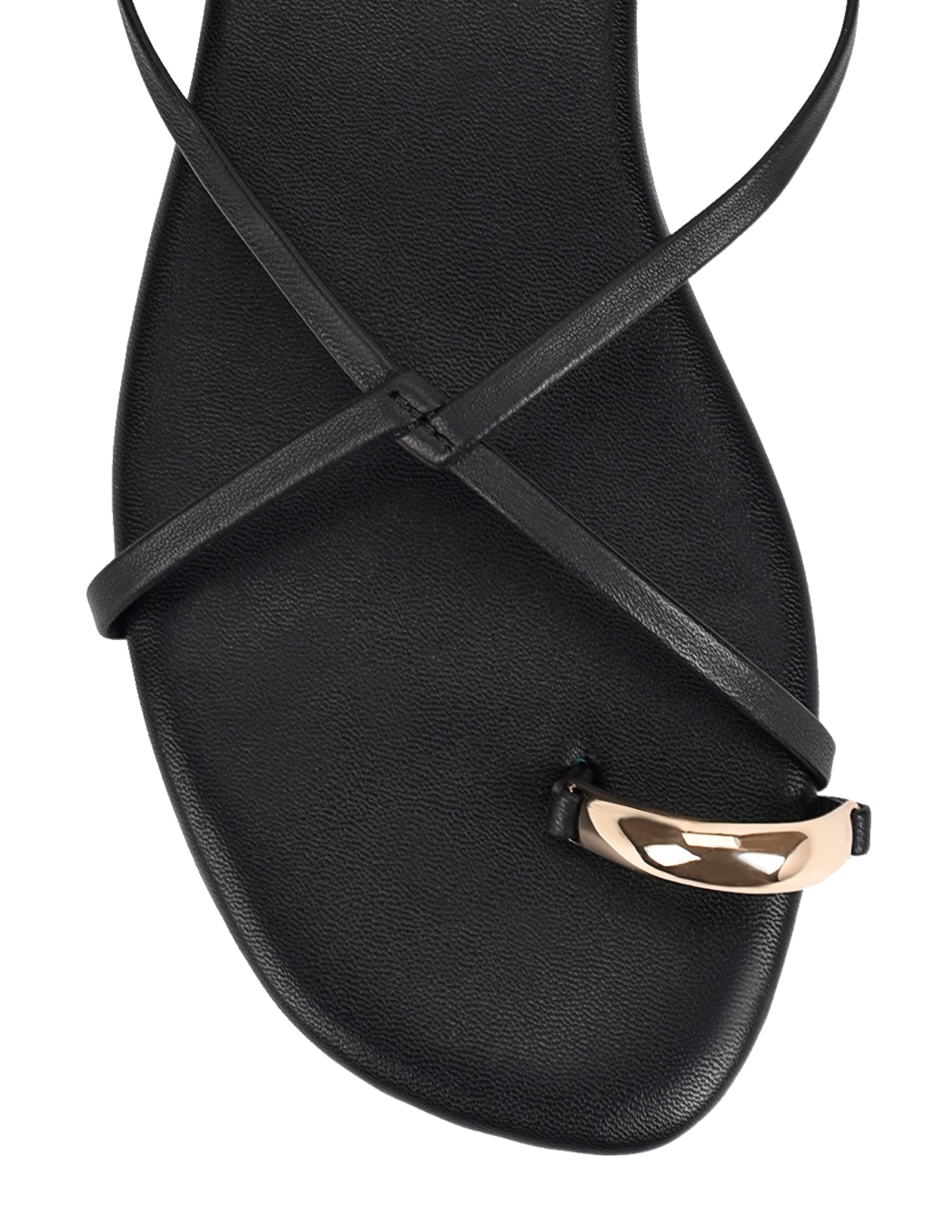 Women's black leather strappy flats with gold toe ring