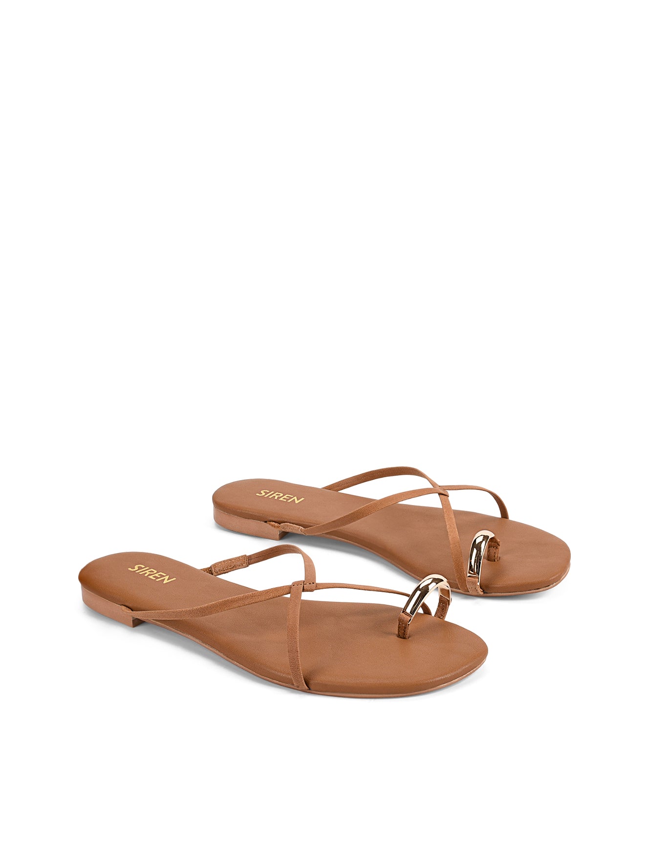 Women's TAN leather strappy flats with gold toe ring
