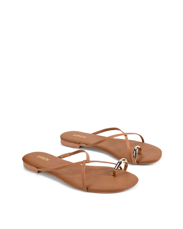 Women's TAN leather strappy flats with gold toe ring