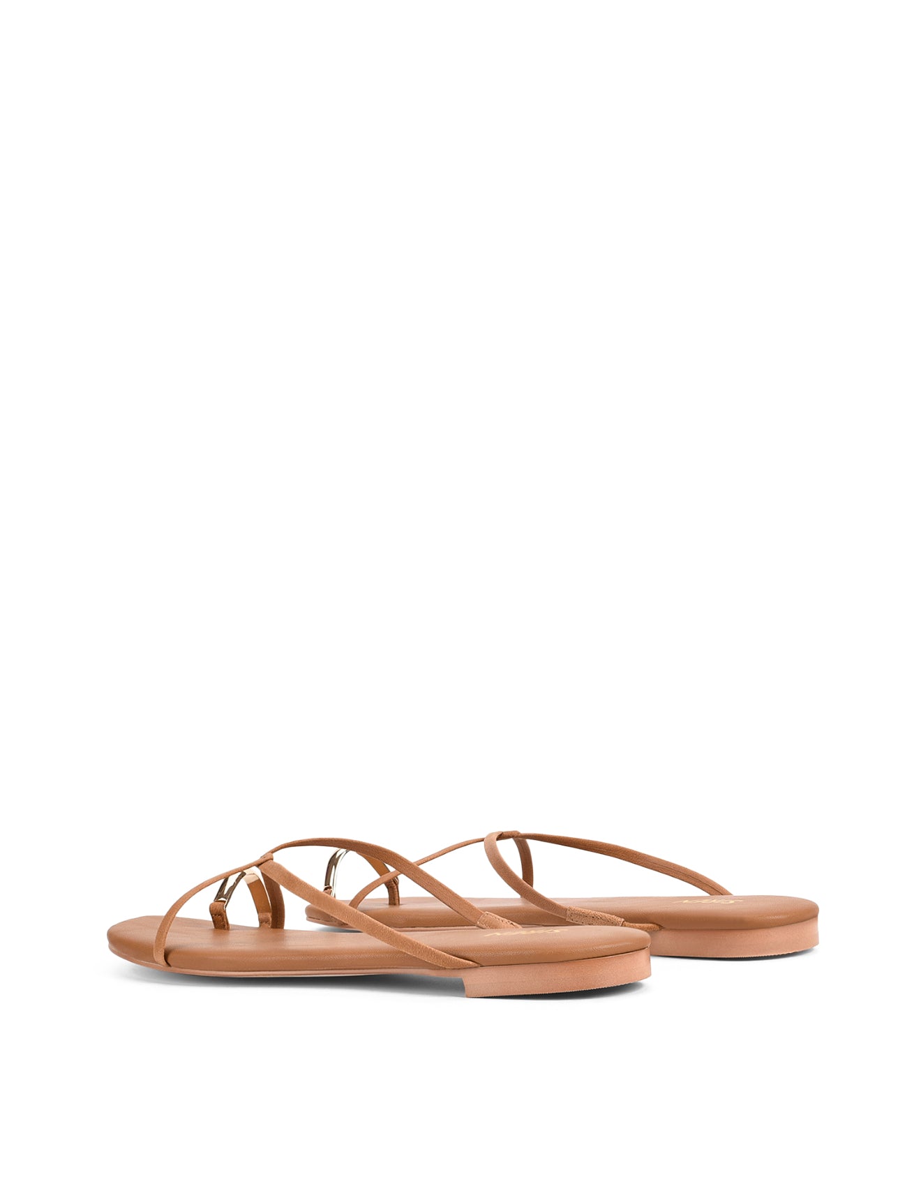 Women's TAN leather strappy flats with gold toe ring
