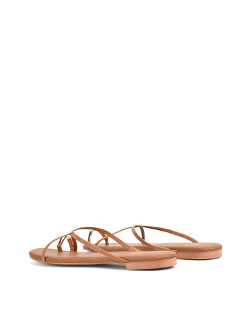 Women's TAN leather strappy flats with gold toe ring
