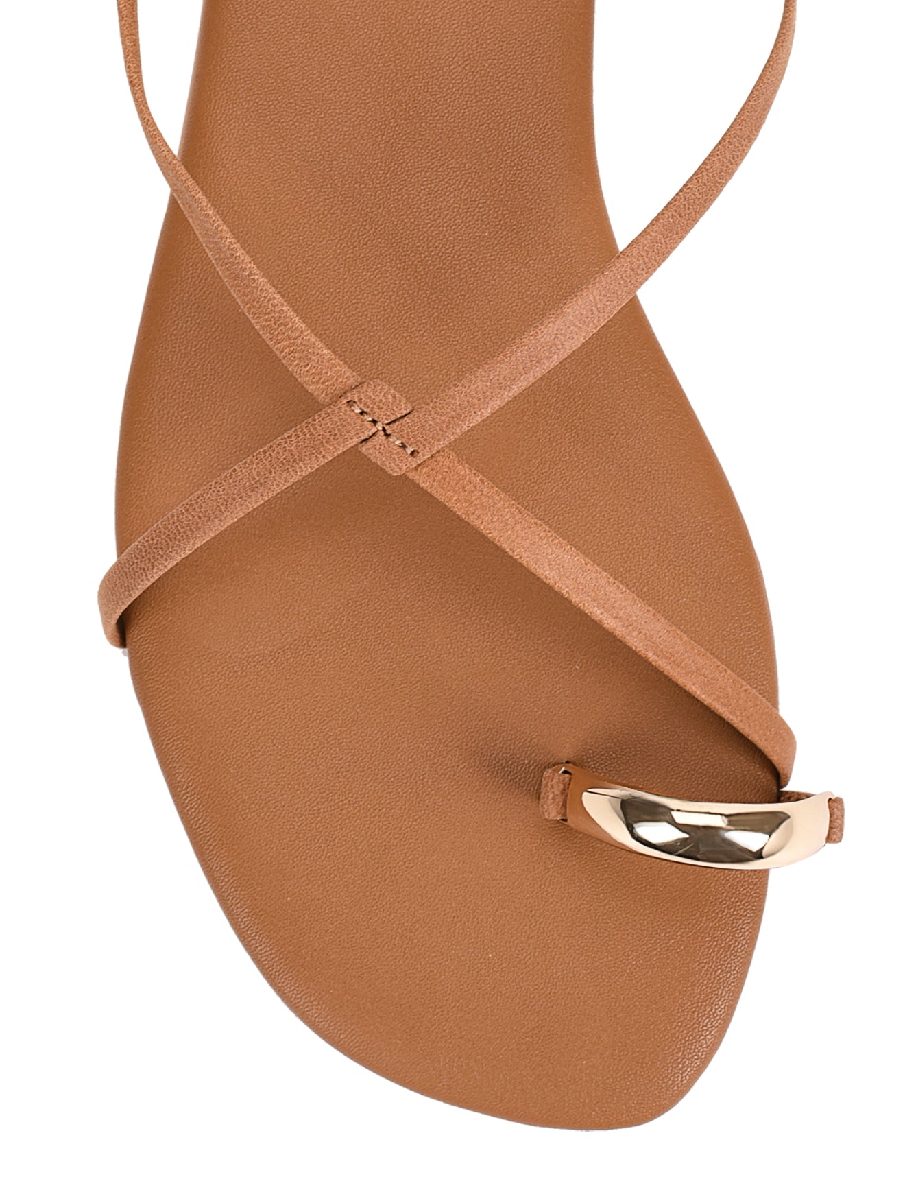 Women's TAN leather strappy flats with gold toe ring