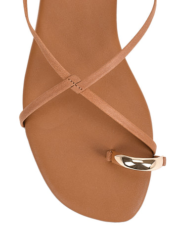 Women's TAN leather strappy flats with gold toe ring