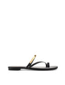 Women's black leather flat slide with gold metallic embellishment, dainty straps and toe ring