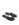 Women's black leather flat slide with gold metallic embellishment, dainty straps and toe ring