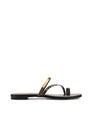 Women's black leather and brown snake flat slide with gold metallic embellishment, dainty straps and toe ring