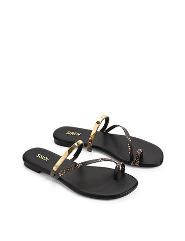 Women's black leather and brown snake flat slide with gold metallic embellishment, dainty straps and toe ring