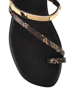 Women's black leather and brown snake flat slide with gold metallic embellishment, dainty straps and toe ring
