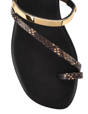 Women's black leather and brown snake flat slide with gold metallic embellishment, dainty straps and toe ring