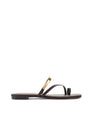 Women's chocolate brown leather flat slide with gold metallic embellishment, dainty straps and toe ring