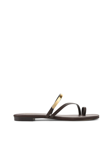 Women's chocolate brown leather flat slide with gold metallic embellishment, dainty straps and toe ring