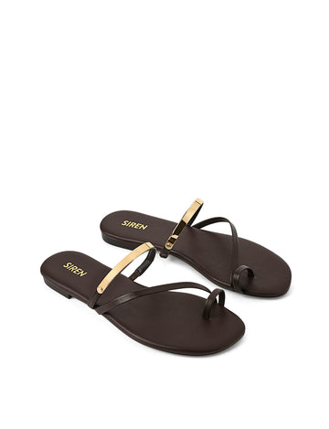 Women's chocolate brown leather flat slide with gold metallic embellishment, dainty straps and toe ring