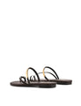 Women's chocolate brown leather flat slide with gold metallic embellishment, dainty straps and toe ring
