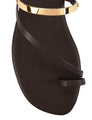 Women's chocolate brown leather flat slide with gold metallic embellishment, dainty straps and toe ring