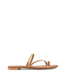 Women's brown tan leather flat slide with gold metallic embellishment, dainty straps and toe ring