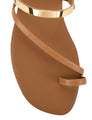Women's brown tan leather flat slide with gold metallic embellishment, dainty straps and toe ring
