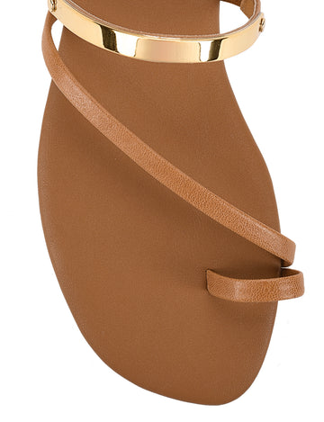 Women's brown tan leather flat slide with gold metallic embellishment, dainty straps and toe ring