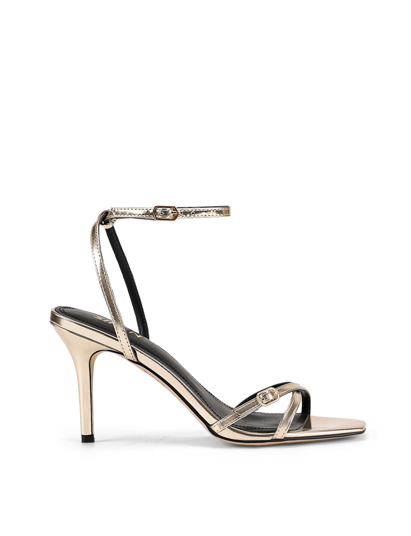 Women's gold mirror metallic strappy stiletto heels with buckle embellishment