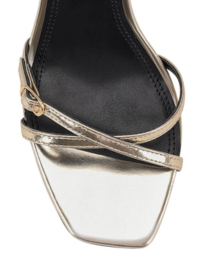 Women's gold mirror metallic strappy stiletto heels with buckle embellishment