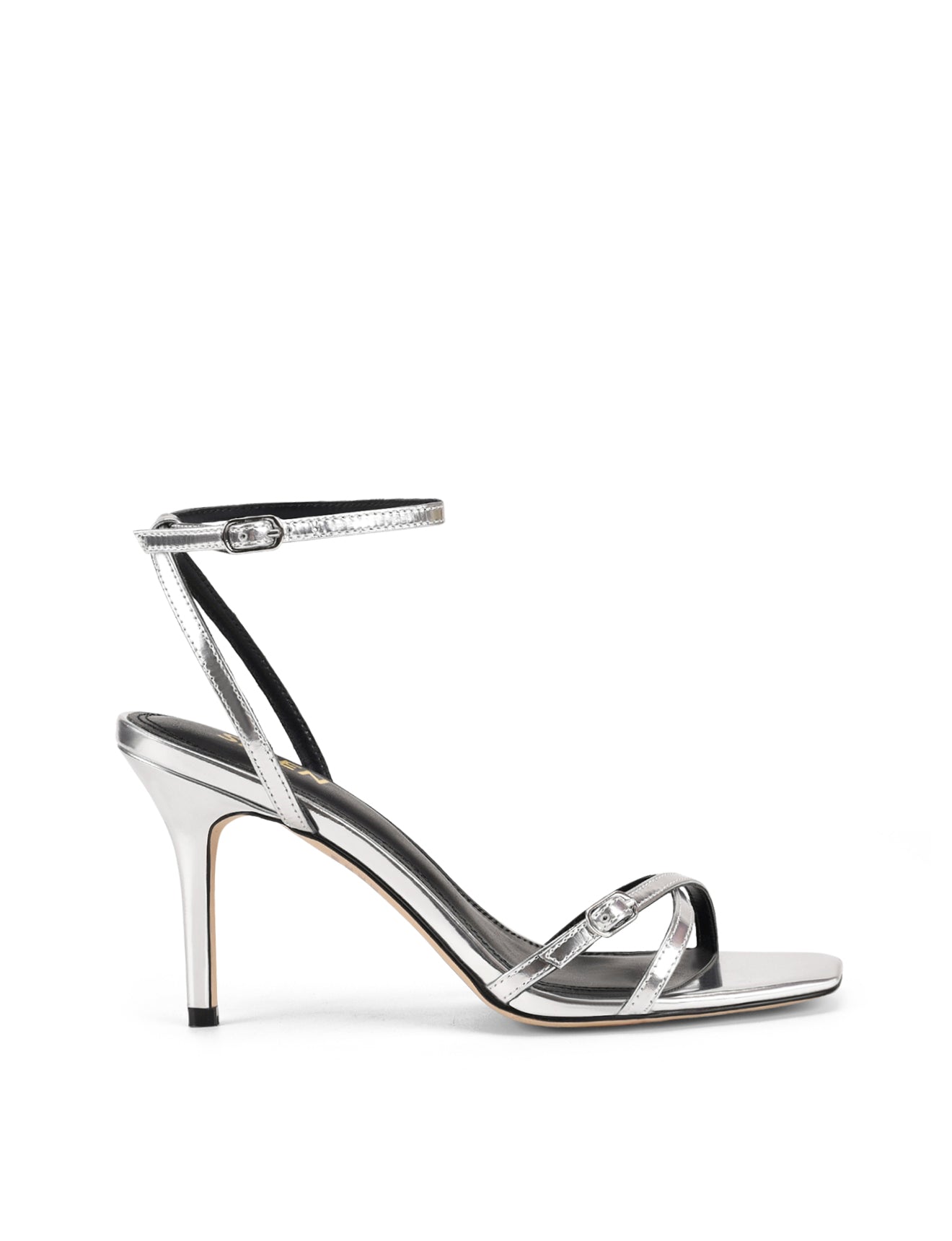 Women's silver mirror metallic strappy stiletto heels with buckle embellishment