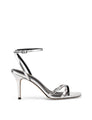 Women's silver mirror metallic strappy stiletto heels with buckle embellishment