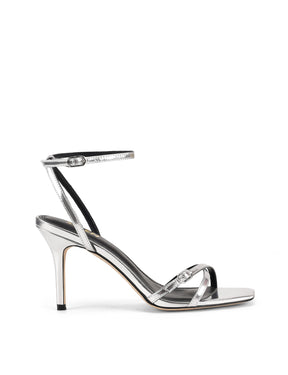 Women's silver mirror metallic strappy stiletto heels with buckle embellishment