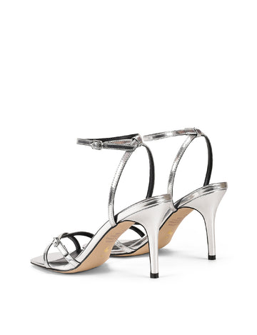 Women's gold mirror metallic strappy stiletto heels with buckle embellishment