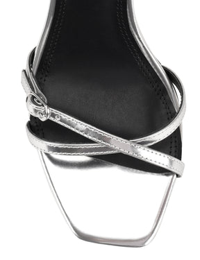 Women's gold mirror metallic strappy stiletto heels with buckle embellishment
