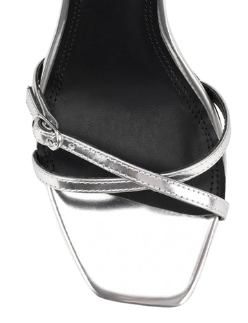 Women's gold mirror metallic strappy stiletto heels with buckle embellishment