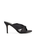 Women's black satin stiletto mules with square toe and knot detailing