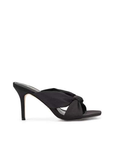 Women's black satin stiletto mules with square toe and knot detailing