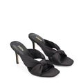 Women's black satin stiletto mules with square toe and knot detailing