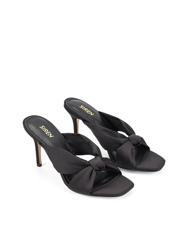 Women's black satin stiletto mules with square toe and knot detailing