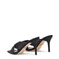 Women's black satin stiletto mules with square toe and knot detailing